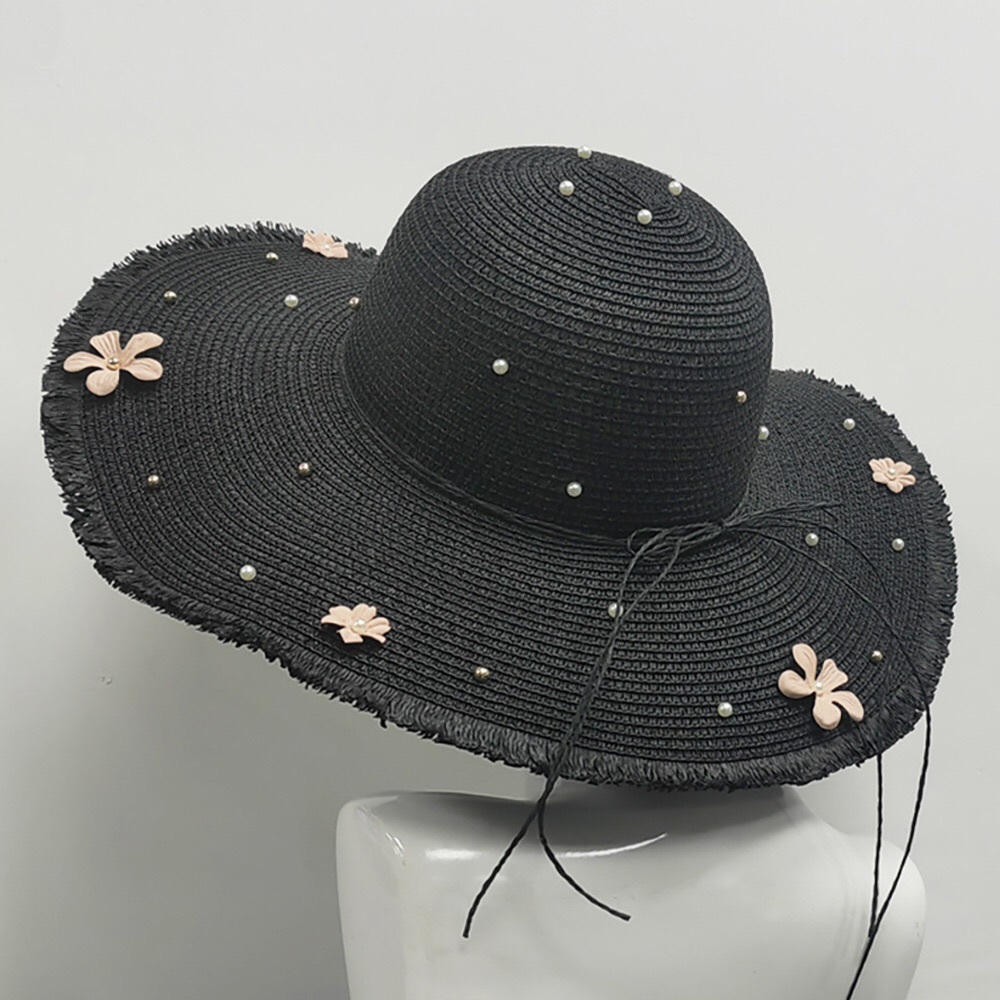 Embellished Pearls & Flower Wide Brim Floppy Hat